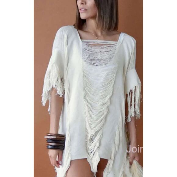 Beach Boho Sheer Knit Swimsuit Cover Up Lightweight Fringe Trim - Picture 1 of 10